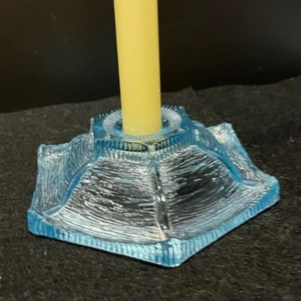Vintage LE Smith Ice Blue Etched Glass Candlestick Holder